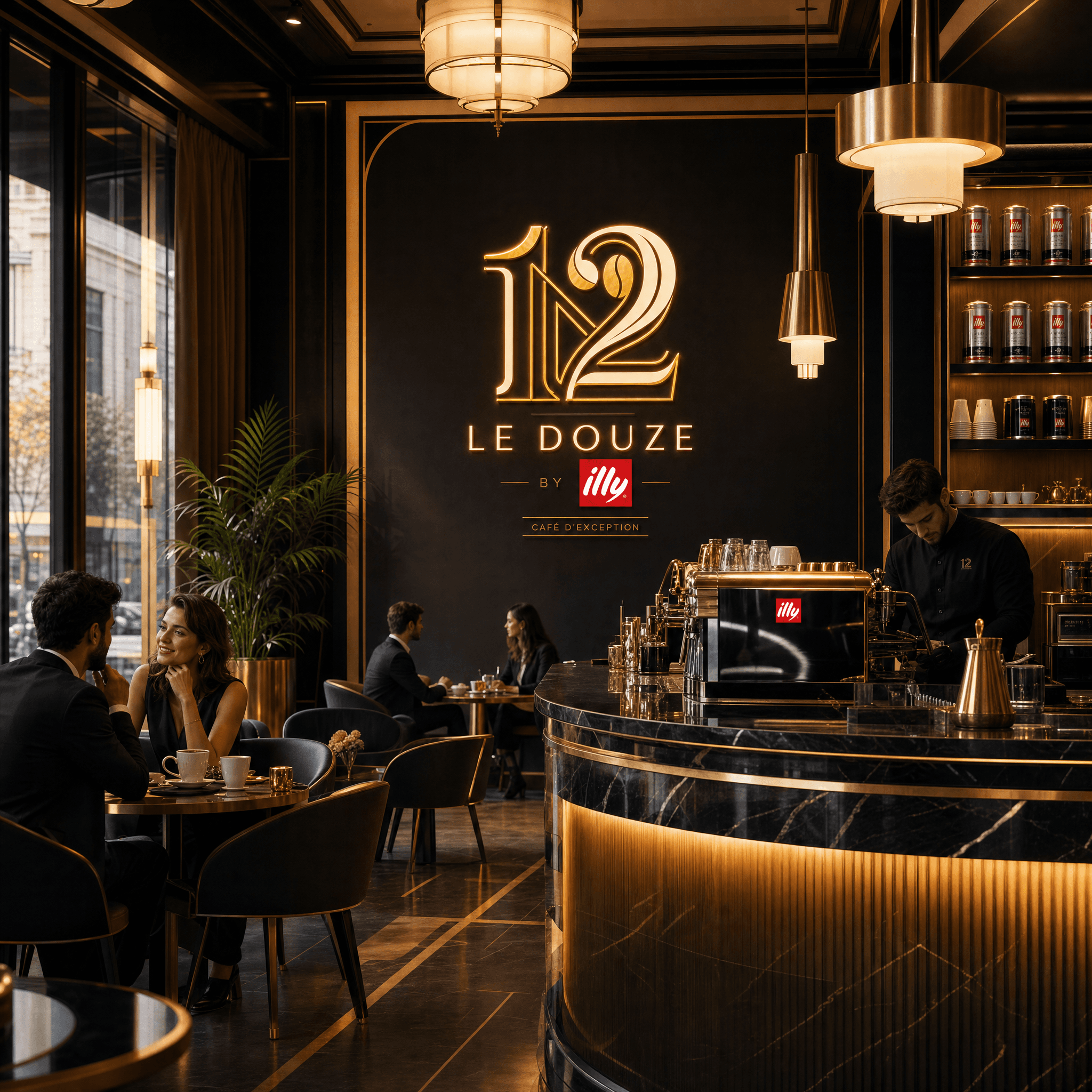 Le Douze · café chaleureux, comptoir, lumière chaude